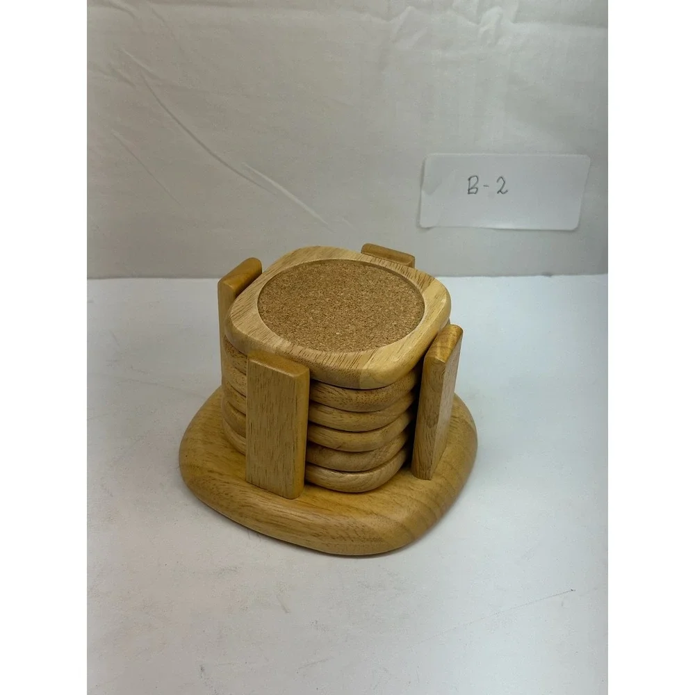 Wooden Coaster Set with Holder 6 Piece‎ Square Cork Inlay Storage Location B-2